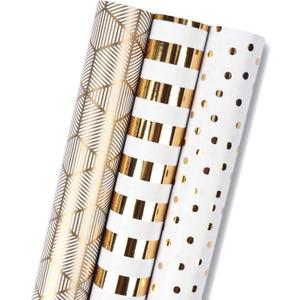 MAYPLUSS Birthday Wrapping Paper Roll - Mini Roll - 17 inch x 120 inch Per roll - White & Gold Foil Design (42.3 sq.ft.ttl)