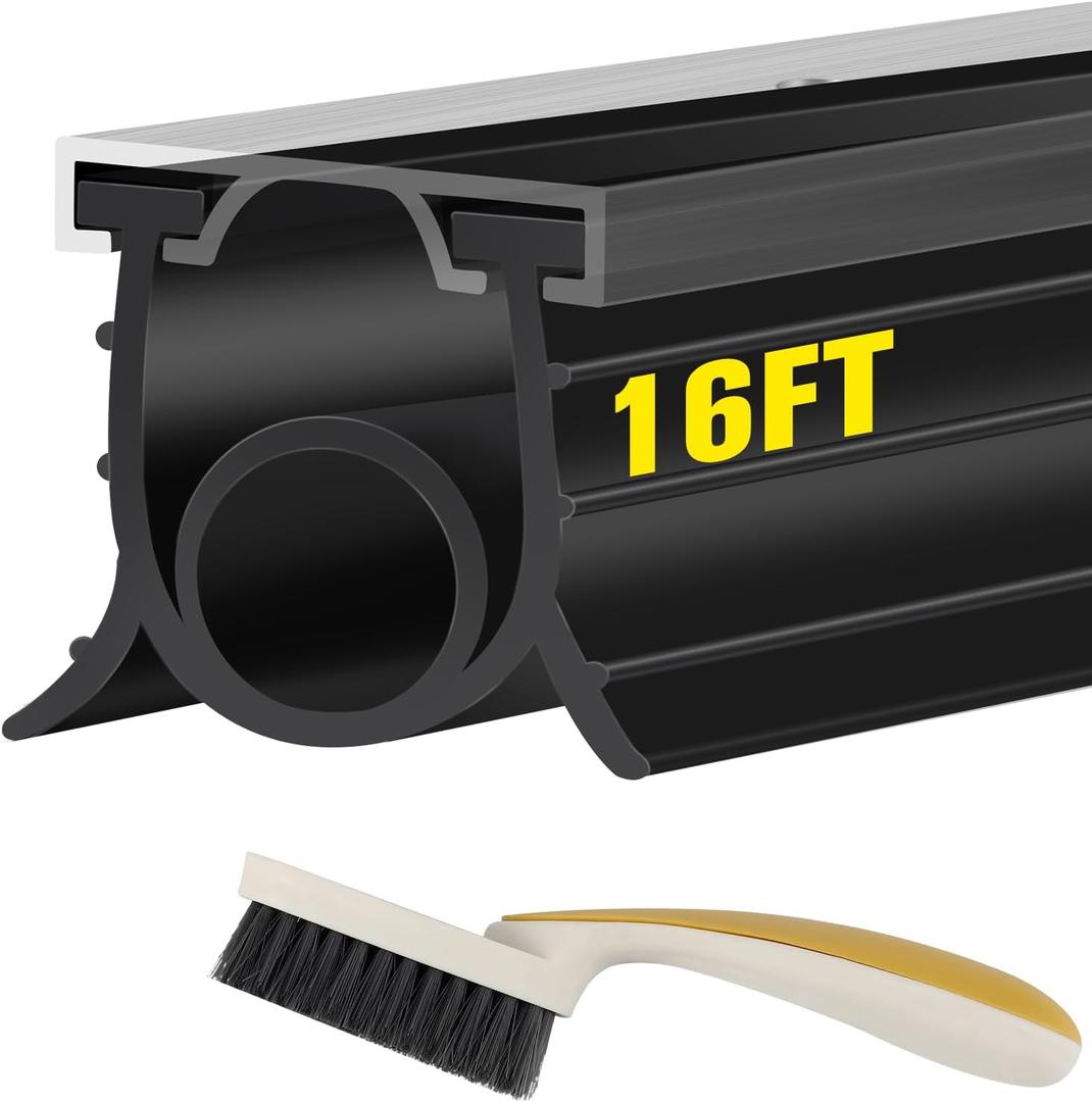 Garage Door Seals Bottom Rubber, 3-Sided Weatherproof Seal, Three Layers of Protection, Only Suitable for Double T-Track Garage Doors, 16 Ft Garage Door Bottom Weather Seal (Black)