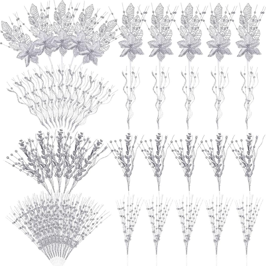Syhood 30 Pack Holiday Tree Picks and Sprays Glitter Artificial Poinsettia Flower Berry Stems Ornaments Winter Tree Picks Branches Curly Wispy Twigs Sticks for DIY Craft Wreath Decor(Silver)
