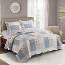 Brilliant Sunshine Pink Rose with Small Blue Check Patchwork, 3-Piece Quilt Set with 2 Shams, Reversible Bedspread, Soft Lightweight Coverlet, All-Season, Full/Queen, Pink Blue