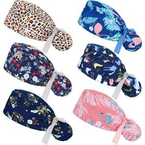 Honoson 6 Pcs Scrub Caps Women Nursing Hats with Buttons Adjustable Bouffant Nurse Hats Ponytail Holder Bouffant Turban