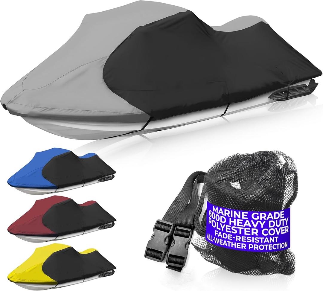 Trailerable Jet Ski Cover, Waterproof Marine Grade 600D Heavy Duty Polyester PWC Cover Gray/Black Color Fits from 126"-135" 3 Seater