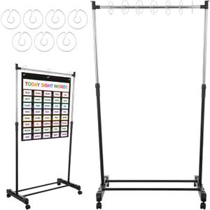 Pocket Chart Stand with Casters, 7 Rings, Adjustable 35.75-63in Height | Stainless steel frame with locking wheels; holds charts in place, height adjusts for comfortable viewing, easy assembly