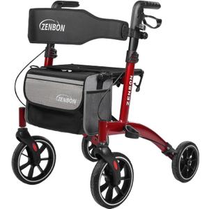 Rollator Walker for Seniors/Adults Foldable Rolling Walker with Seat 330 lbs Capacity 4 Big 8 inch Wheels Hand Grips Adjustable Height Lightweight Aluminum Walker 7205(Red)
