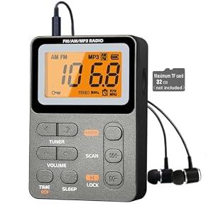 Paeiope Portable Radio AM FM, Rechargeable Pocket Speaker with Best Reception Digital Tuning, MP3, Stereo Earphone, Large LCD Screen, TF Card Socket, Transistor Radio for Jogging/ Gym/ Camping (Grey)