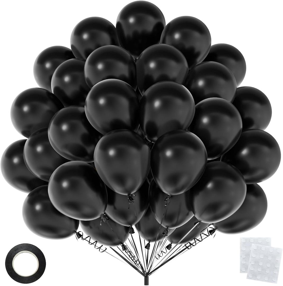 50pcs Black Balloons 12 Inch, Premium Matte Black Latex Party Balloon Kit for 2026 Graduation, Halloween, Wedding, Birthday, Anniversary Decorations (with Ribbon & Adhesive Dots)
