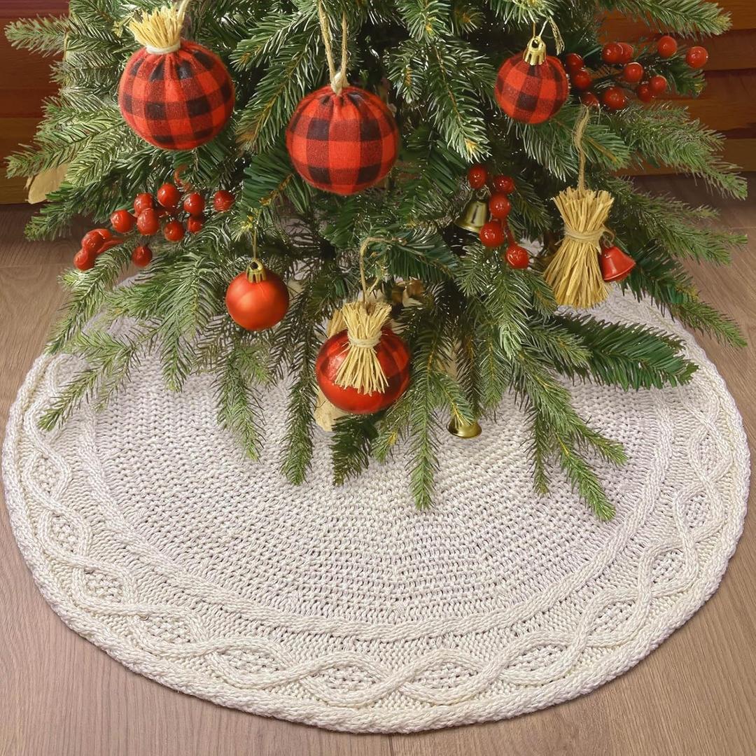24 Inch Christmas Tree Skirt, Ivory White Knitted Tree Skirt, Vintage Rustic Farmhouse Christmas Decorations Home Party Holiday Xmas Ornaments
