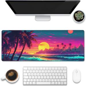Desk Mat, Science Fiction Beach Sunset Desk Pad, Neon Design Beach Large Gaming Mouse Pad with Non-Slip Base and Stitched Edge, 31.5"x11.8"