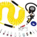 18 Pieces Air Compressor Accessories kit, 1/4 in x 25 ft Recoil Poly Air Compressor Hose Kit, 1/4" NPT Quick Connect Air Fittings, 100 PSI Tire Inflator Gauge, Blow Gun, Couplers and Plugs