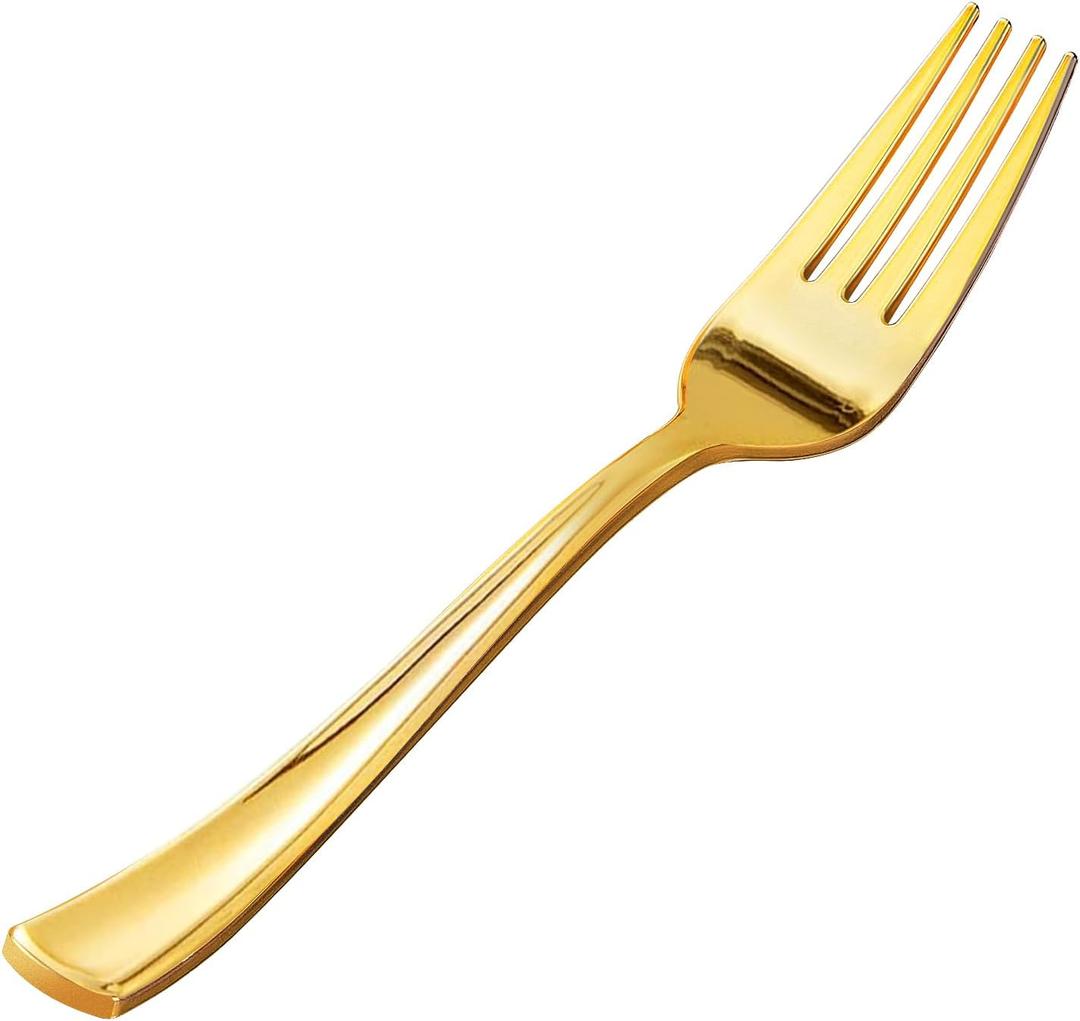 Goodluck 50 Pack Gold Plastic Forks, Heavy Duty Forks Disposable, Plastic Cutlery Perfect for Weddings, Parties, Dinners and Thanksgiving