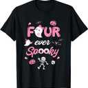Four Ever Spooky Halloween Ghost 4th Birthday Girl Bow Ghost T-Shirt (Black)