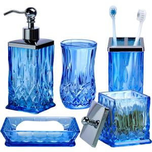Bathroom Accessories Set,5 Pcs Blue Glass Bathroom Accessory Set,Complete Lotion Soap Dispenser, Toothbrush Holder,Soap Dish,Tumbler & Jar,Modern Bathroom Decor Sets Gift,Square