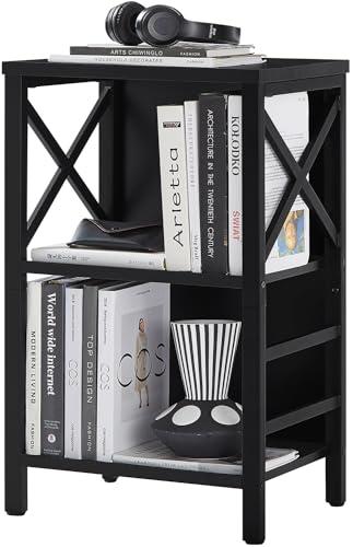 MNEETRUNG Small Bookshelf,3 Tier Industrial Bookcase with Metal Frame and Backboard, Low Black Book Shelf, Book case for Small Spaces, Living Room, Bedroom and Home Office