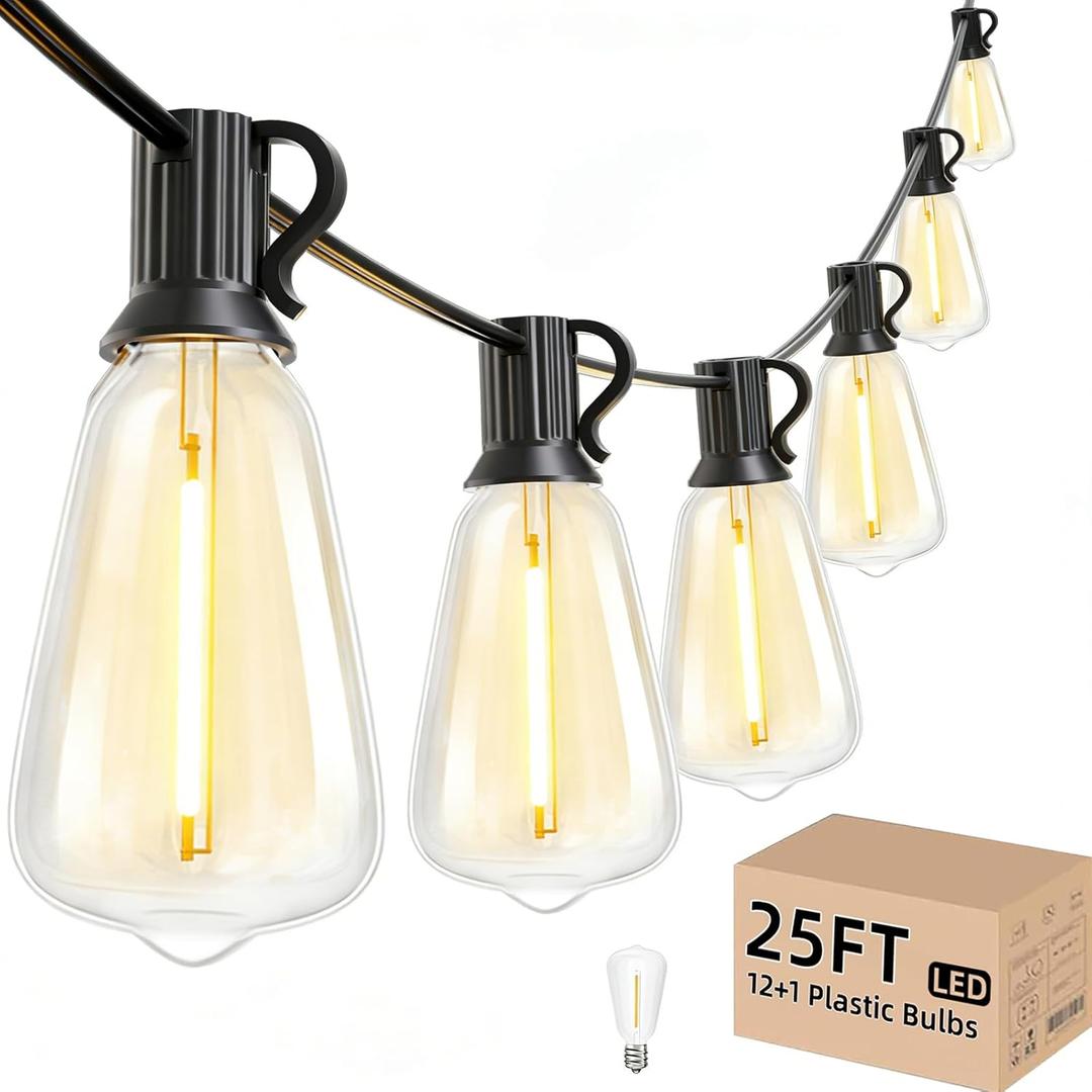 Svater Outdoor String Lights 25 FT, Patio Lights with 13 pcs Shatterproof Dimmable Vintage Edison ST38 Bulbs, Weatherproof Warm White Light for Patio, Backyard, Garden, Bistro