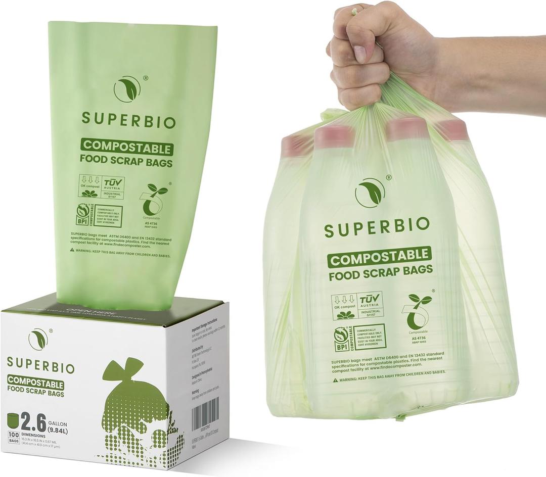 SUPERBIO 2.6 Gallon Compostable Food Waste Bags, 100 Count, 1 Pack, Flat Top Food Scrap Bags ASTM D6400Certified by BPI and OK compost INDUSTRIAL,9.84L
