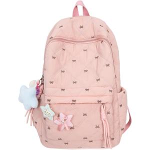 Women's Quilted Cute Aesthetic Backpack Bow Print Lightweight Puffer Laptop Book Bag for College Travel Daypack (Pink)