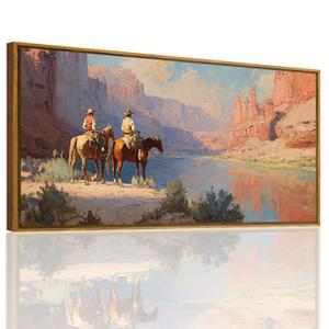 QTUSYUR Western Cowboy Wall Art Framed Rodeo Horseback Riding Desert Print, size 39"/20"
