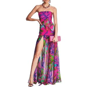 Women Tube Top Dress Tiger Stripe Mesh Patchwork Maxi Dress Strapless Sexy High Slit Long Dresses Beach Vacation (Large, Purple)