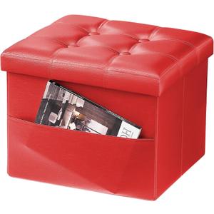 AmasSmile Red Storage Ottoman Folding Foot Rest Stool with Side Pocket, 16 inch Leather Footstool Bench, Short Ottoman Bench, Storage Foot Rest Store, Books