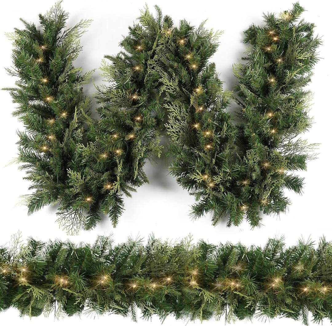 Christmas Garland with 50 Lights 9 Ft, Prelit Xnas Garland with Cypress Leaf, Battery Operated Christmas Decor for Mantle Staircase Indoor and Outdoor (RealLiketips-A)