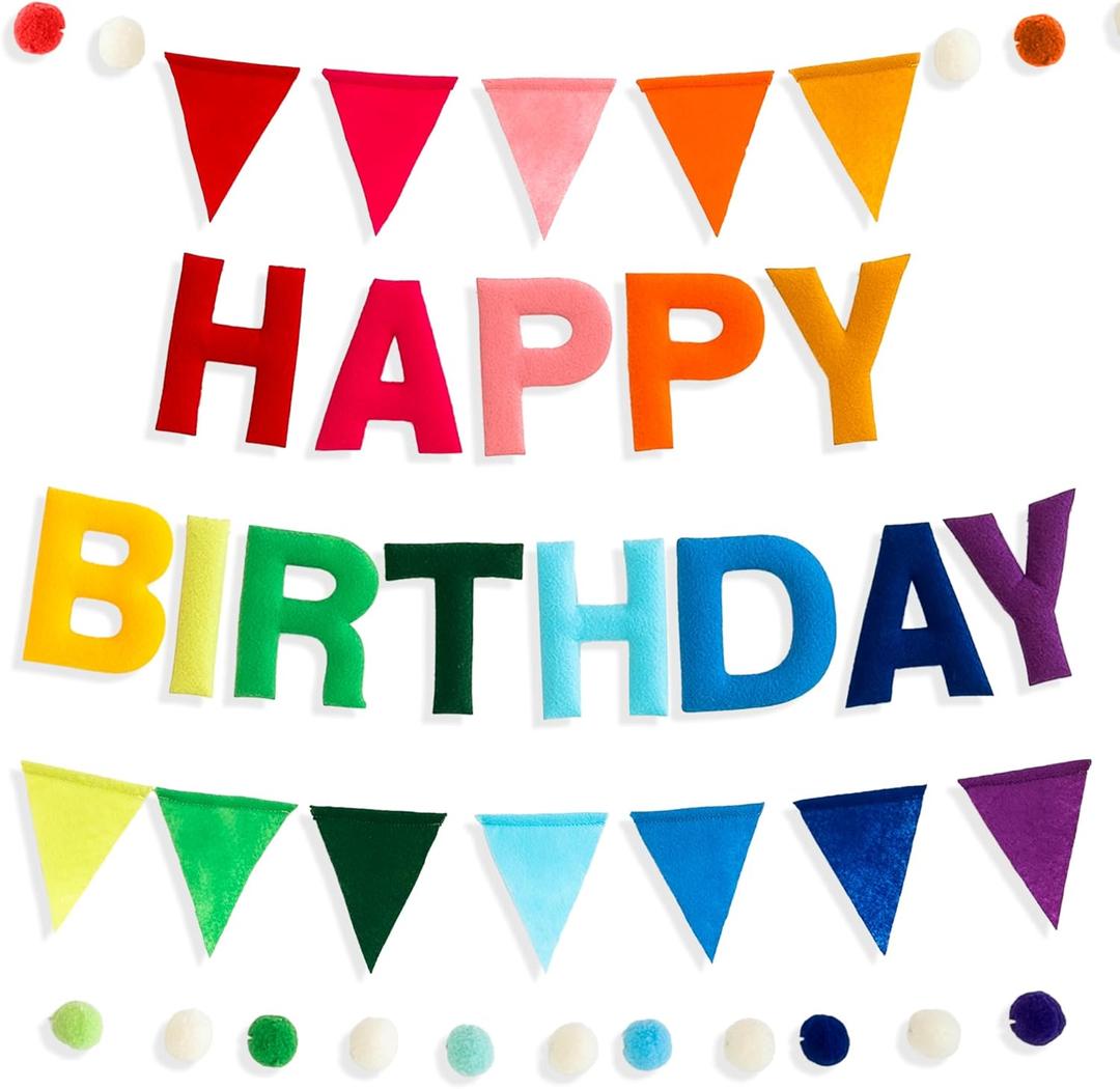HOUSE OF PARTY Happy Birthday Banner | Rainbow Happy Birthday Sign Backdrop | Pre-Strung Felt Banner for Rainbow Themed Party Decoration