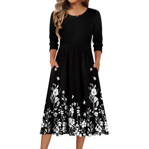 Zeagoo 3/4 Sleeve Women's Dress Casual Flowy A-Line Midi Tshirt Dresses with Pockets Crewneck Vocation Boho Beach Sundress, S