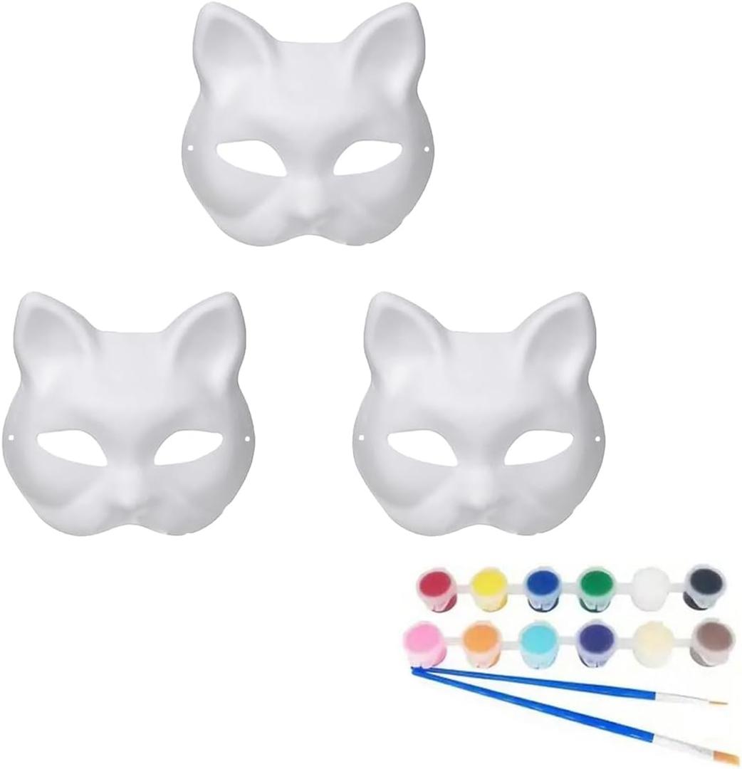 3 Pcs DIY Cat Fox Mask Paintable Blank Role Playing Halloween White Hand Painted Masks，Ages 14 +