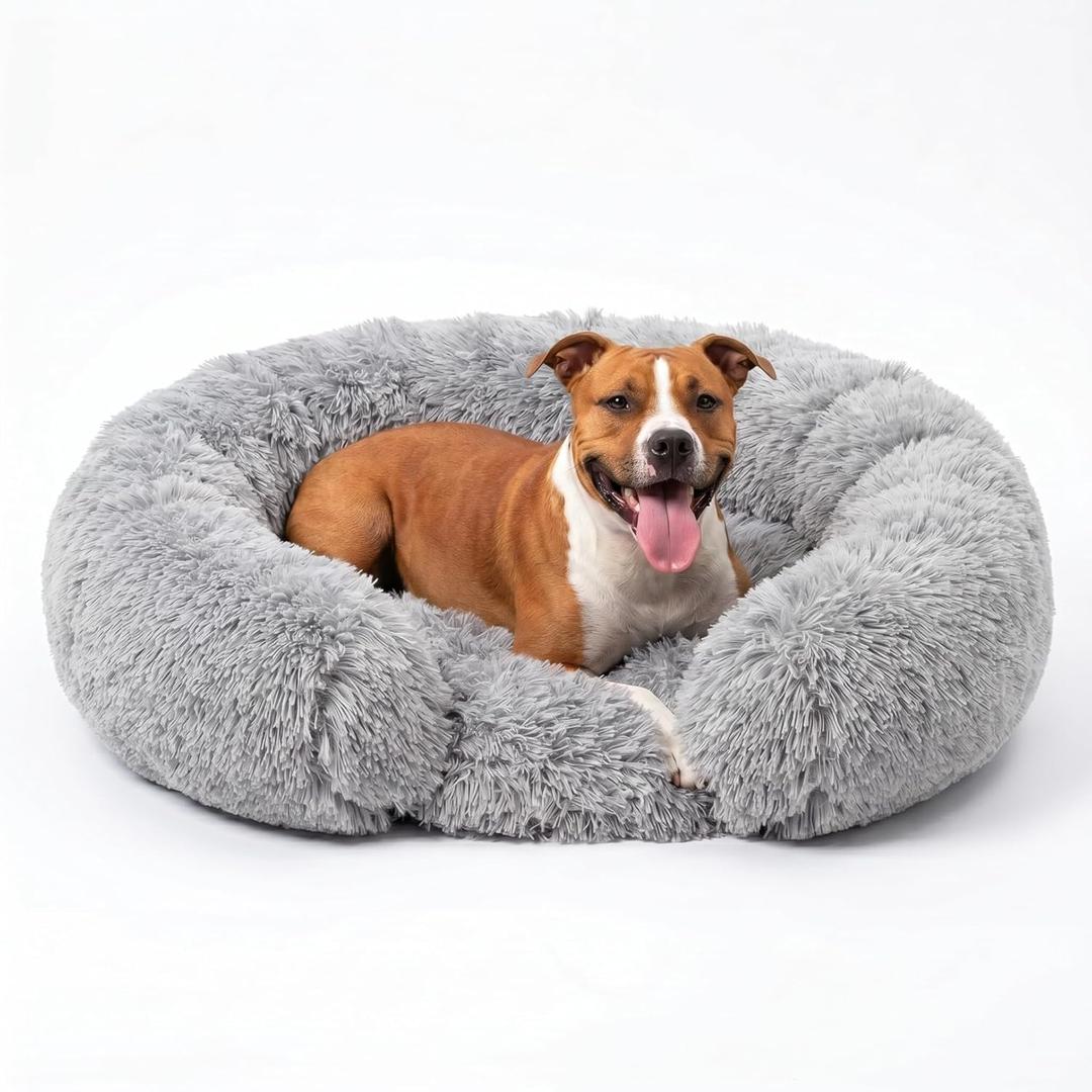 Donut Dog Bed Washable - Comfortable Round Pet Bed for Dogs, Cuddler Anti-Anxiety Bed with Removable Machine Washable Cover (Light Grey, Large)