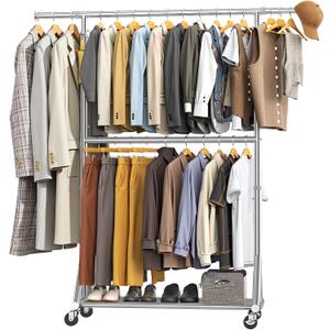 100% Stainless Steel Heavy Duty Clothes Rack Load 860LBS, Rolling Double Rods Clothing Racks for Hanging Clothes, Adjustbale Garment Rack With Sturdy Wheels Shelf, Portable Closet Rack Free Standing (Silver)