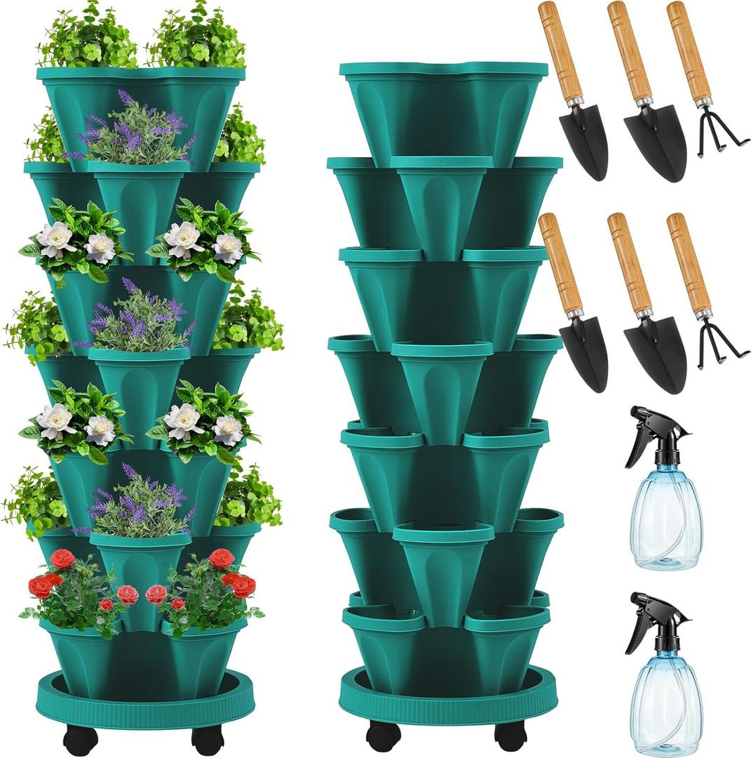 Umigy 2 Set of 7 Tier Vertical Planter Stackable Planters Tower Planters Strawberry Herb Flower and Vegetable Planter Indoor Outdoor Gardening Pots with Removable Wheels and Tools (Green,Classic)