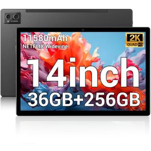 POWMUS Tablets 2025 14 inch Android 14 Tablet, 36GB RAM, 256GB Storage(Expand to 1TB), 2K Display, 8 Core CPU, 11580mAh Battery,4 Speakers, WiFi 5GHz Tablet with Pen Case-Black