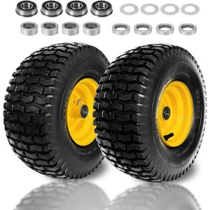 2 Pcs 15x6.00-6 Lawn Mower Tire and Wheel, Replacement for John Deere(Most 100 and 300 Series)/Cub Cadet Riding Mower front tires, with 3/4" & 5/8" Bearing, 3-4.4" Offset Hub, 4 Ply tubeless, 570 lbs