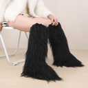 Valpeak Faux Fur Tall Furry Boots for Womens,Long Winter Boots for Girls,Mongolian Fluffy Boots for Kids Fuzzy Knee-High Boots (Black)