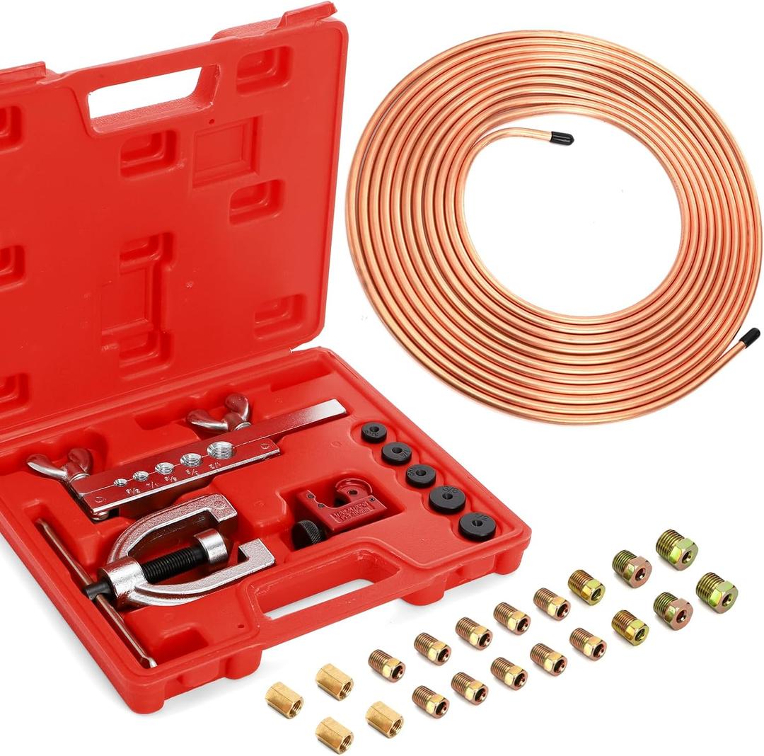 Fasmov 25 ft 3/16" Copper Coated Brake Line Kit, Brake Line Flaring Tool Kit (Includes 16 Fittings and 4 Unions Brake Line Fittings) + Double & Single Flaring Tool Kit