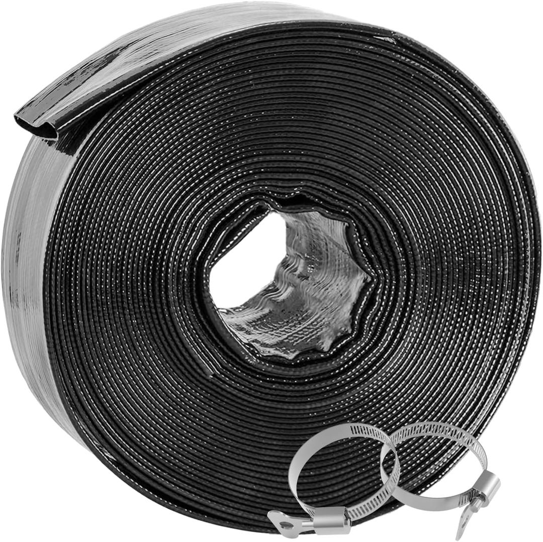 Poolvio Backwash Hose 1-1/2" x 100 ft, Heavy-Duty Lay-Flat Reinforced PVC Discharge Hose with 2 Stainless Steel Thumb Screw Clamps, Leak-Resistant for Inground & Above-Ground Pool Filters
