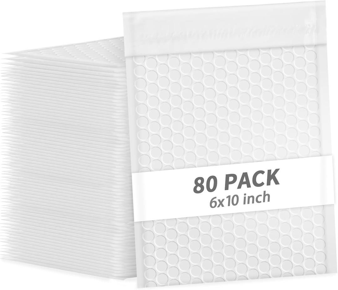 6x10 Inch White Bubble Mailers 80 Pack Self-Seal Poly Padded Envelopes Suitable for Small Businesses to Package and Mail Jewelry Cosmetics, Electronic Products, Cards (White, 6x10-80)