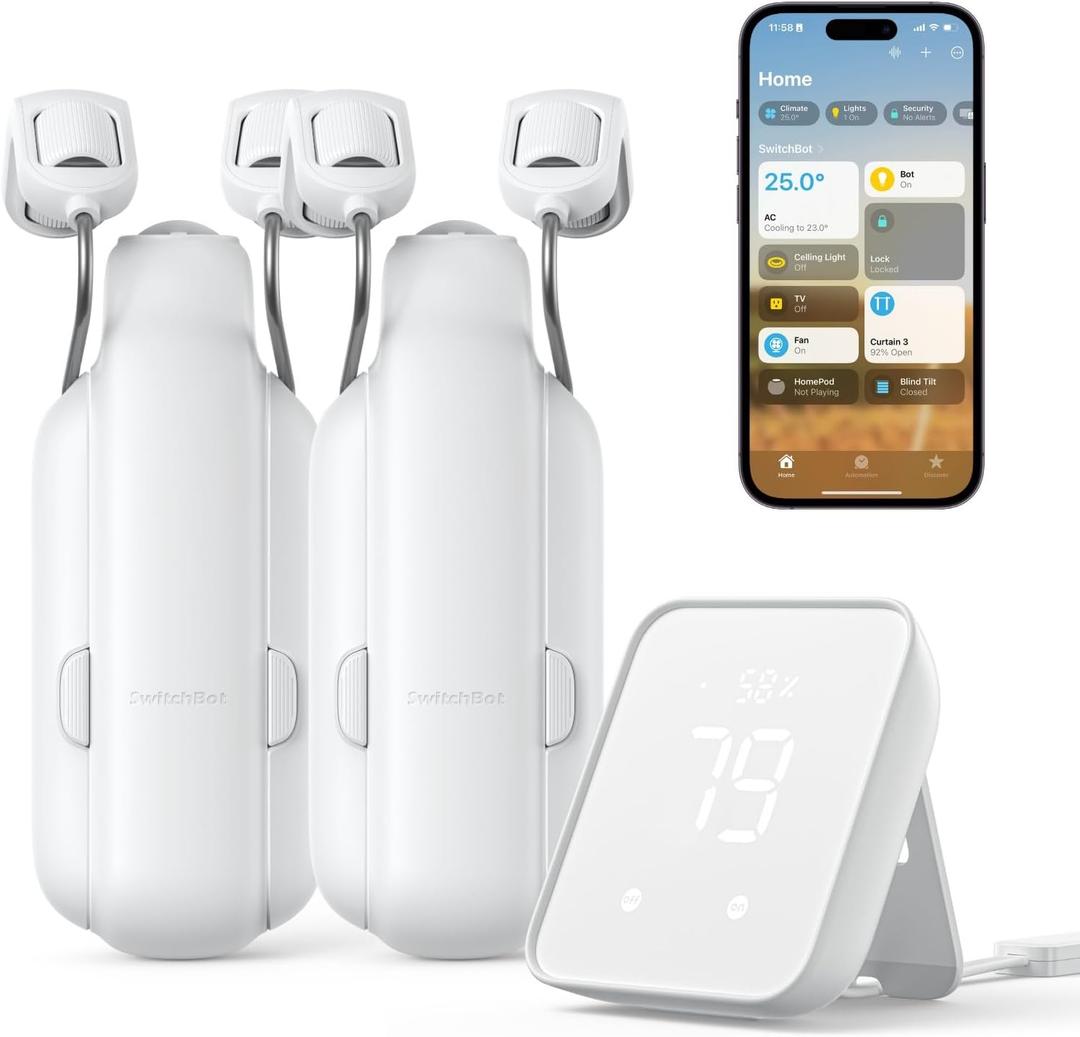 SwitchBot Smart Automatic Curtain Opener 2 Pack with Hub 2 - WiFi Remote Control with App/Timer, Performance Upgrade, WiFi Thermometer Hygrometer, Support Matter, Work with Alexa, Google Home, HomeKit