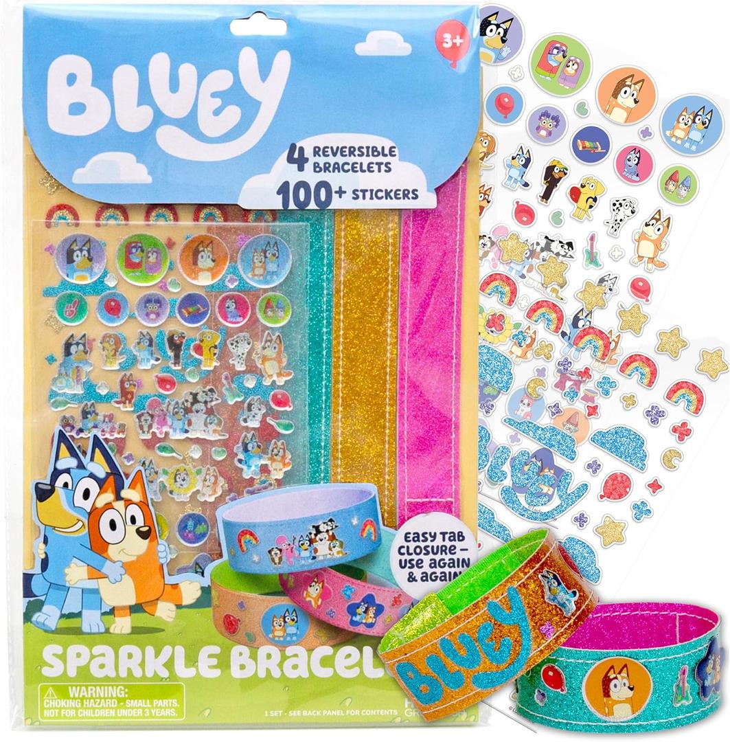 Bluey Sparkle Bracelet Making Kit, 4 Reversible Bracelets with Easy Closure, 100+ Traditional and Puffy Resin Stickers, DIY Bluey Jewelry, Arts and Crafts for Kids Age 8-12, Toddler Gifts