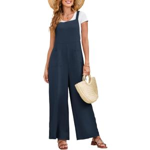 Dokotoo Womens Casual Jumpsuits Front Pocket Loose Elasticity Straps Overalls One Piece Sleeveless Wide Leg Pant Romper (Large, Navy Blue)