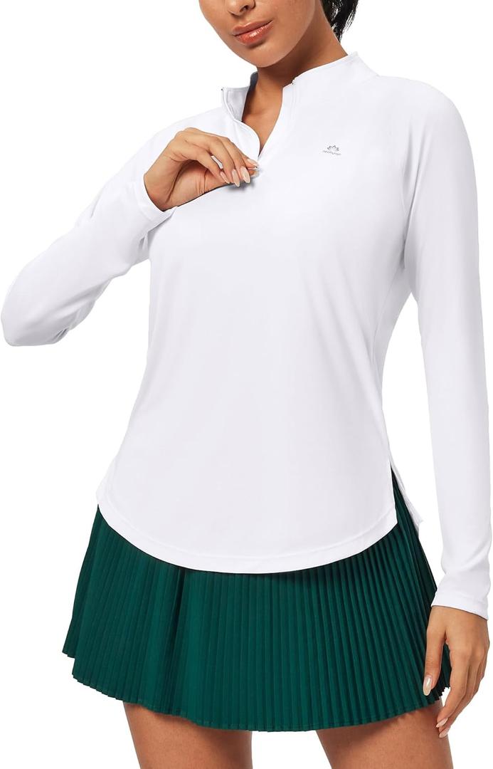 Heathyoga Womens Long Sleeve Workout Tops Golf Shirts for Woman UPF 50+ UV Sun Protection SPF Shirts Quarter Zip Pullover (Large, White)
