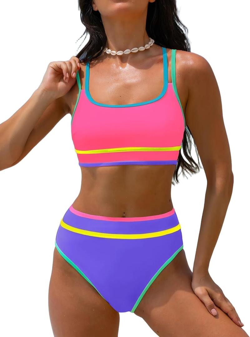 Popvil Women's High Waisted Bikini Sets Neon Two Piece 2026 Swimsuit Sporty Adjustable Straps Bathing Suit (Large, Pink&Purple)