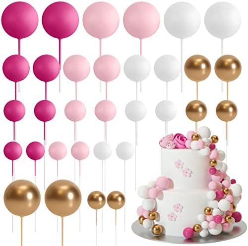 ASTARON 32 Pcs Ball Cake Topper Decorations Mini Balloons Cake Topper Sticks Foam Balls Cake Picks Cake Topper Balls Cake Decorations for Wedding Party Birthday Cake Decorating (Pink Gold), Set of 2
