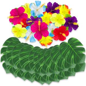 ArtCreativity Hawaiian Flower Luau Decorations - 60-PC Set with 36 Palm Leaves and 24 Artificial Hibiscus Flowers - Tropical Party Decor and Accessories for Birthday Party - Flower Decorations