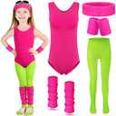 Giegxin Kids 80s Workout Costume Halloween Outfit Accessories Retro Neon Leotard Legging Headband Wristband Leg Warmers(Medium,Rose Red) 120