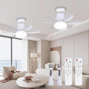 2 Pack Socket Fan Light and 360 Light Socket Extender, 18.5'' Socket Ceiling Fans with Remote, 3 Colors LED Light Bulb, Screw in Small Ceiling Fan for Bedroom Living Room Kitchen Garage, White