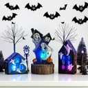 15 Pcs Lighted Ceramic Halloween Village Accessories Set Spooky Houses Miniatures Include 3 LED Ceramic Halloween Haunted Houses 2 Birch Tree 8 Pine Tree and 2 Streetlamps Tabletop Ornament for Table