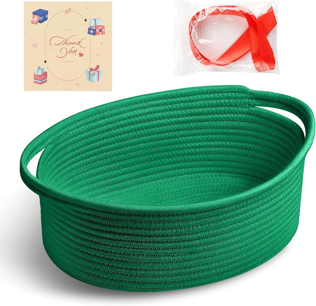 Bufims Small Woven Green Gifts Basket for Storage Empty with Ribbons and Bags Durable Cute Gifts 12"X 8" X 5" Small Rope Basket for Gifting