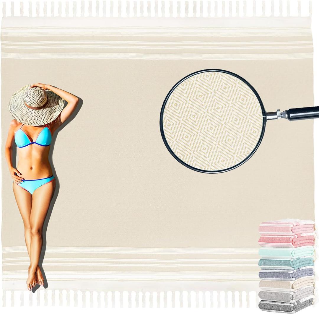 Oversized Turkish Beach Towel Blanket Cotton Giant XL Sandproof Towels Huge Linen XXL Extra Large Big Throw Quilt Blankets for Adults Cloud Travel Camping Glamping Accessories Essentials (Extra Large 82"x88"208x224cm, Beige)