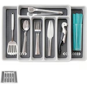 Non-Slip Expandable Silverware Drawer Organizer, Tasteless Large Capacity Thick Plastic Flatware Divider for Silverware, Stationery, Cosmetics and Tools  Minimalist Design and Premium Feel