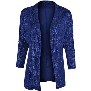 Sparkly Sequin Blazer Women Casual Long Sleeve Glitter Party Shiny Lapel Coat Lightweight Open Front Dress Suit Jacket, Blue, L
